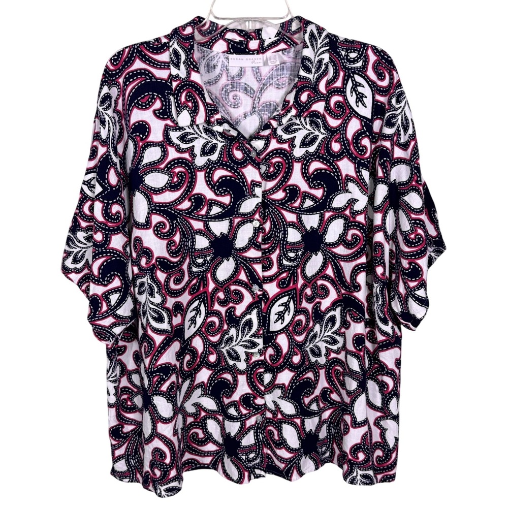 Susan Graver‎ Pure Shirt Womens 2X Navy White Red Floral Linen Blend Excellent